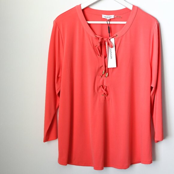 CALVIN KLEIN Coral Lace-Up 3/4 Sleeves Blouse- Size XL - NWT Retail $79 - Picture 2 of 10